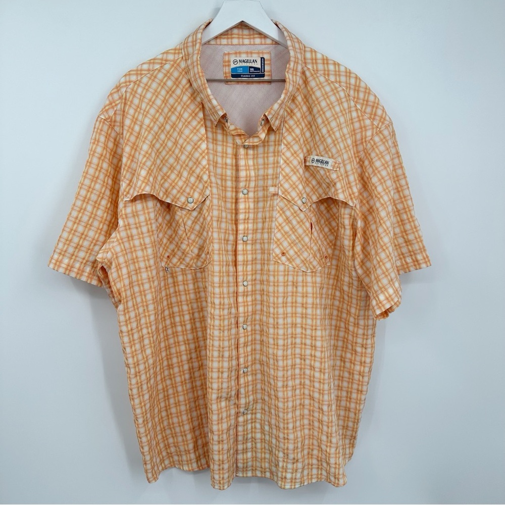 Magellan Outdoors Short Sleeve Shirt Orange Plaid Fish Gear Moisture Wicking
